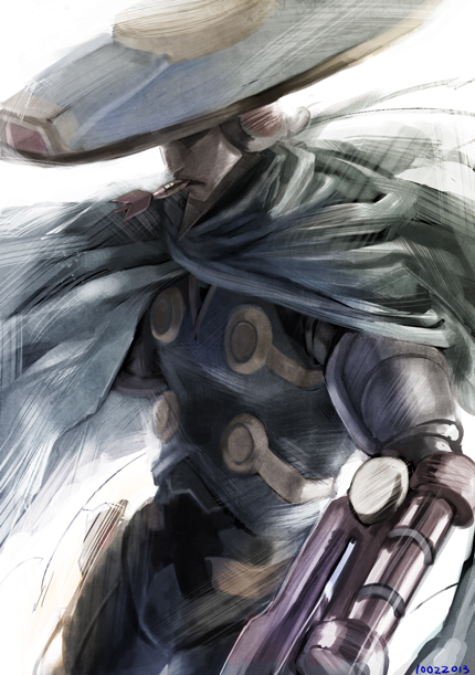 1boy, arm_cannon, bad_id, bad_tumblr_id, cape, countershade_(mighty_no._9), dart, dated, facial_hair, goatee, hat, hat_over_eyes, male_focus, mighty_no._9, motoyoshi, mouth_hold, poncho, robot, short_hair, solo, sombrero, weapon