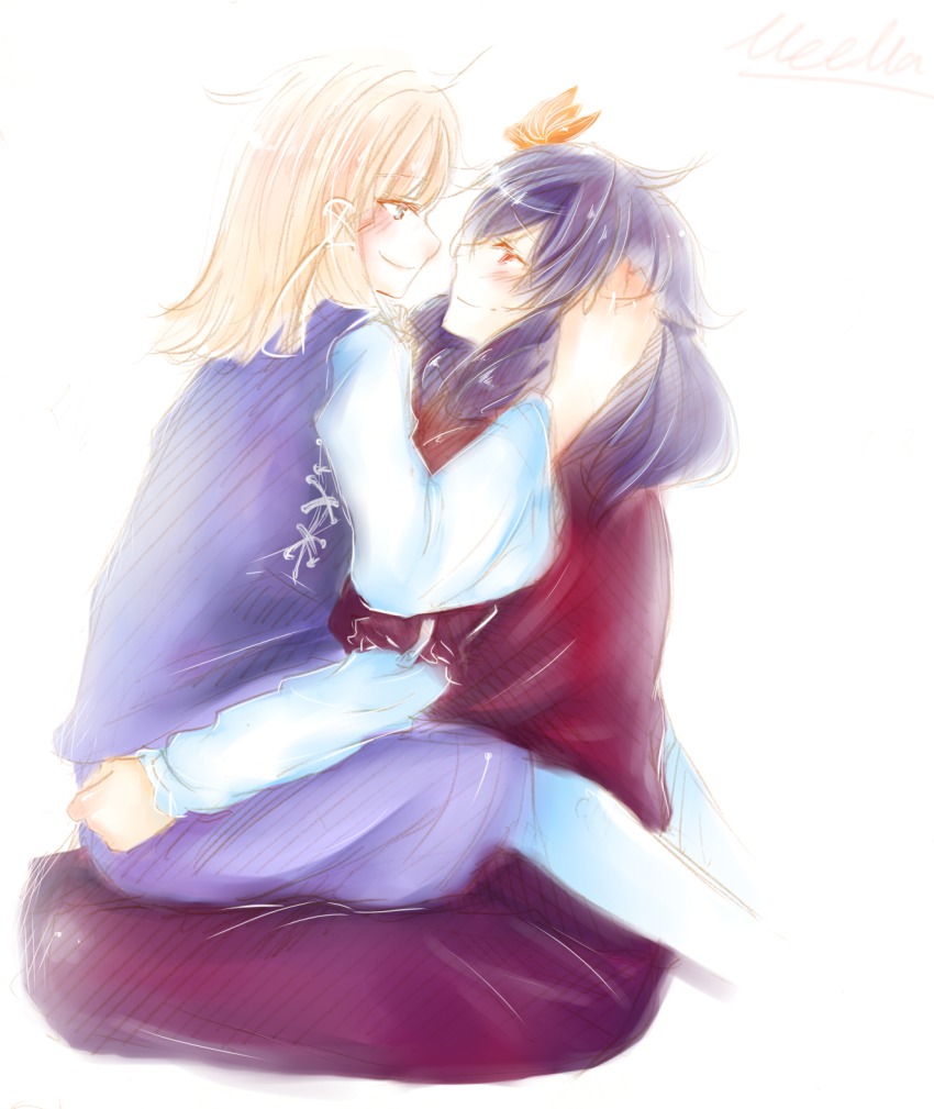 2girls, blonde_hair, blue_eyes, blush, hand_in_another's_hair, hand_on_another's_head, highres, moriya_suwako