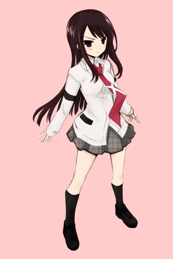 1girl, :t, black_socks, blouse, blush, brown_hair, dress_shirt, female_focus