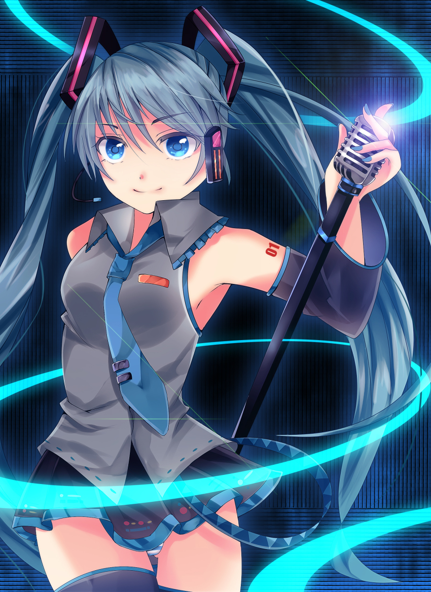 1girl, aru16, bad_id, bad_pixiv_id, blue_eyes, detached_sleeves, female_focus, hatsune_miku, headset, highres, long_hair, microphone, microphone_stand, nail_polish, necktie, panties, pantyshot, skirt, smile, solo, striped_clothes, striped_panties, thighhighs, twintails, underwear, upskirt, very_long_hair, vocaloid