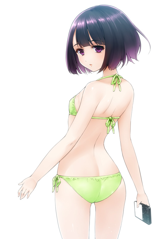 1girl, ass, back, bare_arms, bare_back, bare_shoulders, bikini, black_hair, blunt_bangs, bob_cut, cellphone, cowboy_shot, darwin's_game, female_focus, from_behind, green_bikini, holding, kashiwagi_rein, looking_back, original, phone, purple_eyes, short_hair, side-tie_bikini_bottom, simple_background, smartphone, solo, swimsuit, takahata_yuki, white_background