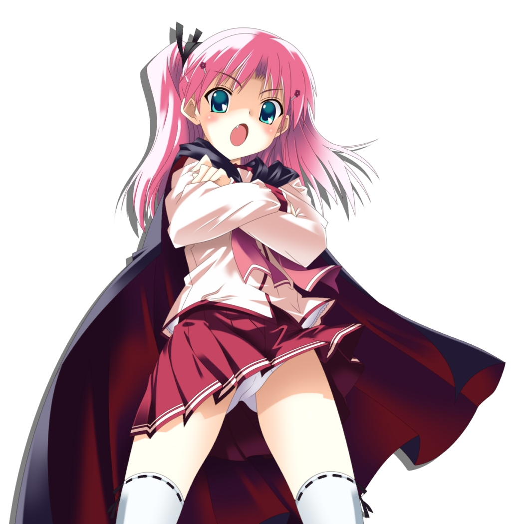 00s, 1girl, cape, cowboy_shot, fang, female_focus, green_eyes, leaf_(company)