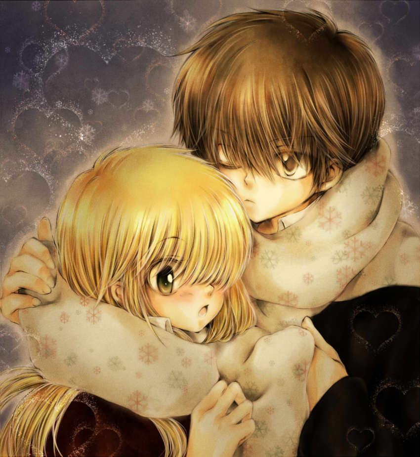 1boy, 1girl, bad_id, bad_pixiv_id, blonde_hair, blush, brown_eyes, brown_hair