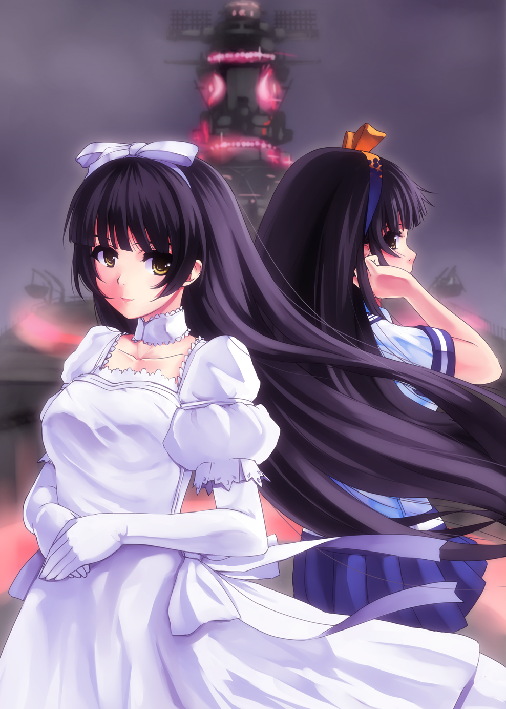 10s, 2girls, amaha_kotono, aoki_hagane_no_arpeggio, battleship, black_hair, breasts, brown_eyes