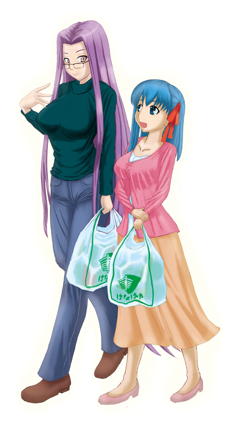 2girls, bag, breasts, fate/stay_night, fate_(series), jingoro, large_breasts, matou_sakura