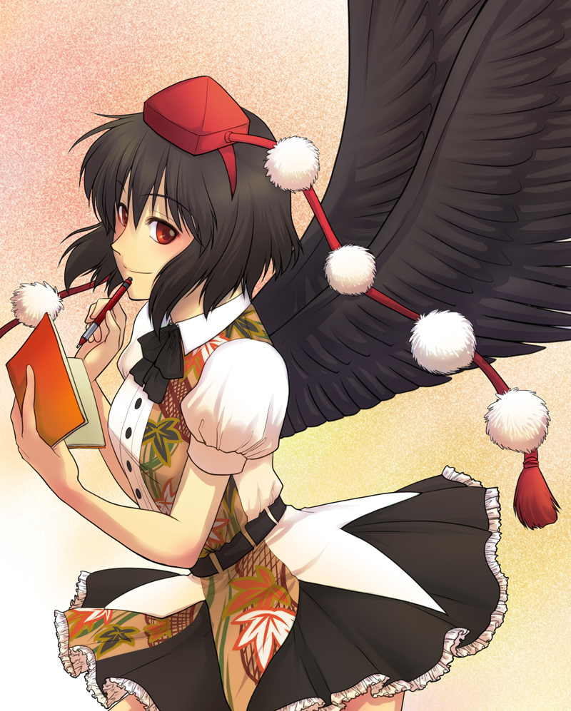 1girl, bad_id, bad_pixiv_id, belt, black_hair, black_wings, blush, book, brown_hair, female_focus, hat, kawahagi, leaf, leaning_forward, looking_at_viewer, notebook, opuntia, pen, pencil, pleated_skirt, red_eyes, shameimaru_aya, short_hair, skirt, smile, solo, tokin_hat, touhou, wings