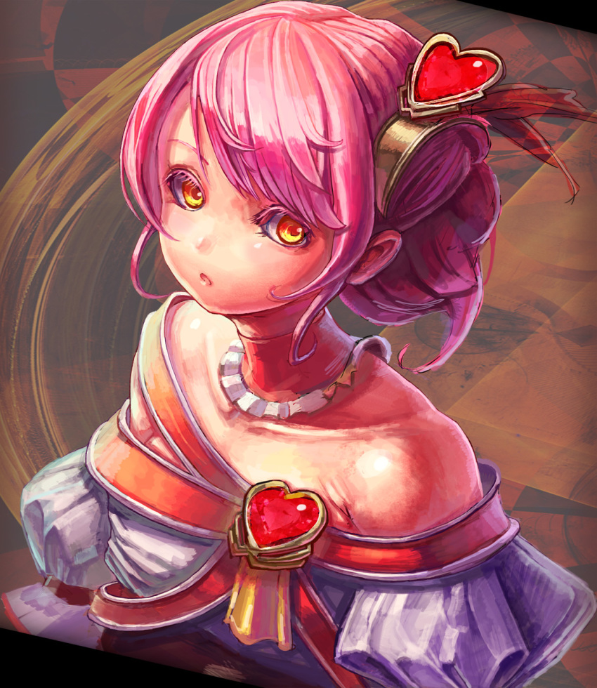 1girl, bare_shoulders, brooch, choker, colored_eyelashes, female_focus, hair_ornament, hairpin, heart, heart_brooch, heart_hair_ornament, highres, jewelry, magical_girl, md5_mismatch, mochisoldier, orange_eyes, original, pink_hair, precure, puffy_sleeves, short_hair, solo