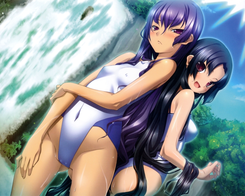2girls, absurdres, black_hair, highres, hikage_eiji, kannei_(koihime_musou), koihime_musou, long_hair, multiple_girls, purple_hair, shuutai_(koihime_musou), swimsuit