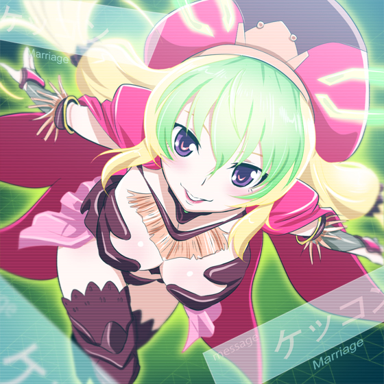 10s, 1girl, blonde_hair, breasts, cleavage, gradient_hair, green_hair, hat, kakumeiki_valvrave, multicolored_hair, pino_(valvrave), purple_eyes, smile, two-tone_hair, yazwo