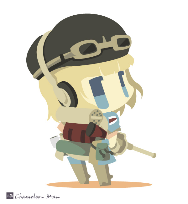 blue_eyes, cecilia_glinda_miles, chameleon_man_(three), chibi, gloves, goggles, gun, hat