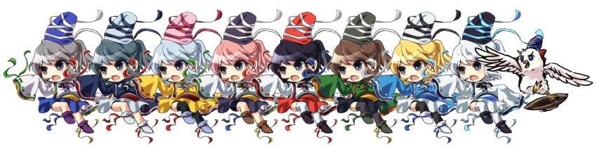 1girl, alternate_color, animalization, bird, black_hair, blonde_hair, blue_eyes, brown_eyes