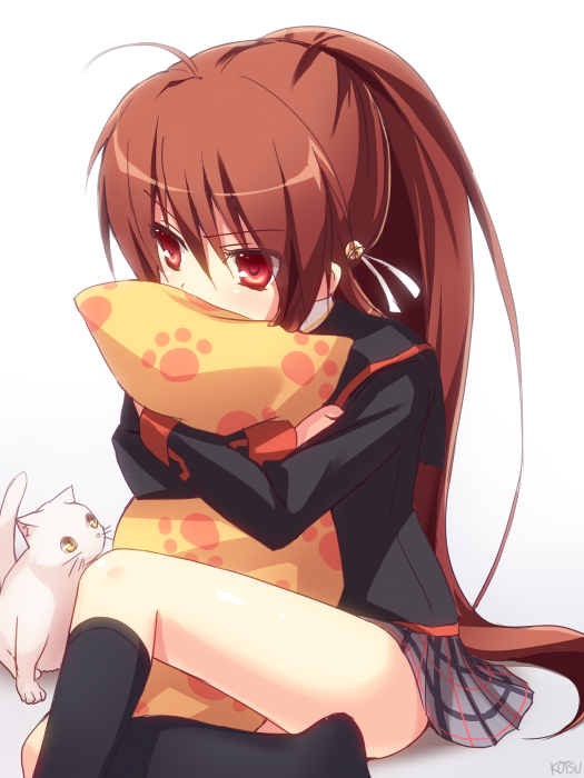 1girl, brown_hair, cat, hug, hugging_object, kotsu, lennon_(little_busters!), little_busters!
