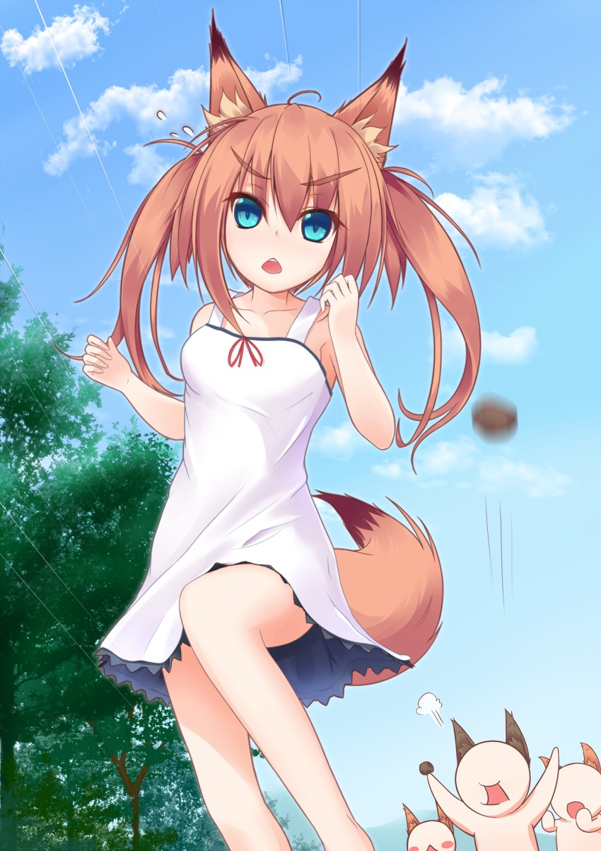 1girl, absurdres, animal_ears, bad_id, bad_pixiv_id, blue_eyes, colorized, day, female_focus, fox_ears, fox_tail, highres, k-asul, long_hair, looking_at_viewer, open_mouth, original, sky, solo, tail, twintails