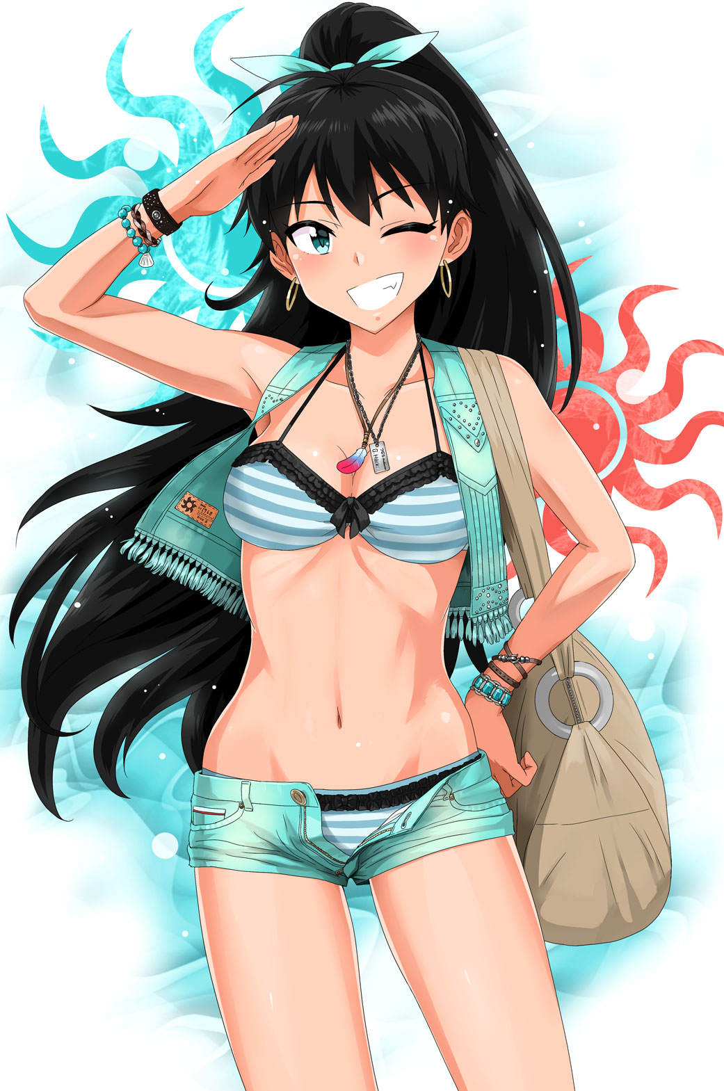 1girl, aqua_bikini, aqua_gem, aqua_vest, bag, bikini, bikini_under_clothes, black_hair