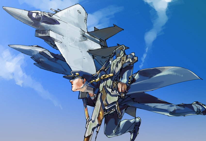 1boy, aircraft, airplane, bad_id, bad_pixiv_id, day, f-15, f-15_eagle, gakuran, gun, hat, jet, jojo_no_kimyou_na_bouken, kuujou_joutarou, long_coat, male_focus, ojima_(ojimadou), school_uniform, sky, solo, vehicle_focus, weapon