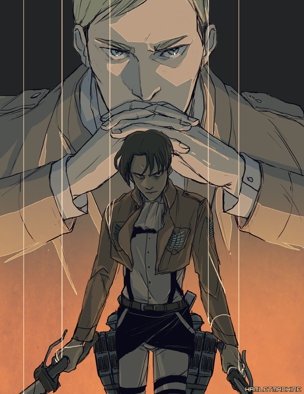 2boys, black_hair, blonde_hair, erwin_smith, gendou_pose, hamletmachine, hands_clasped, jacket