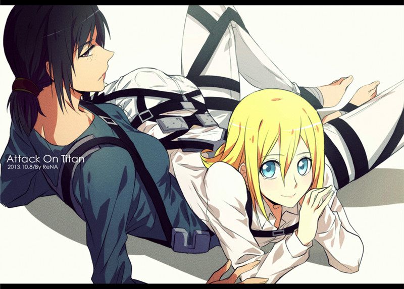 2girls, barefoot, belt, black_hair, blonde_hair, blue_eyes, krista_lenz, freckles