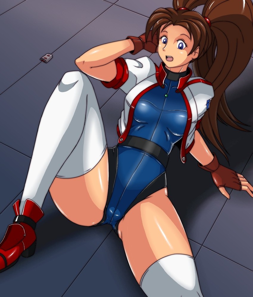 1girl, blue_eyes, brown_hair, deadmoon_(kein2002), gloves, jacket, leotard, lying