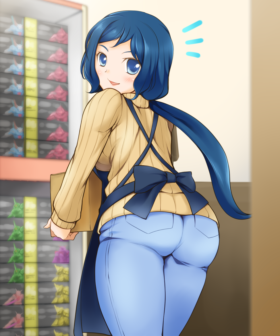 10s, 1girl, apron, arakawa_tarou, ass, blue_eyes, blue_hair, breasts