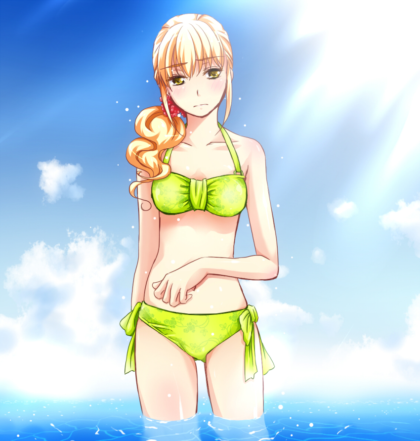 1girl, bikini, blonde_hair, blush, breasts, brown_eyes, cloud, colorized, female_focus, fortune_quest, goma_azarasi, lens_flare, long_hair, looking_at_viewer, ocean, outdoors, pastel_(fortune_quest), ponytail, sky, small_breasts, solo, swimsuit, wading