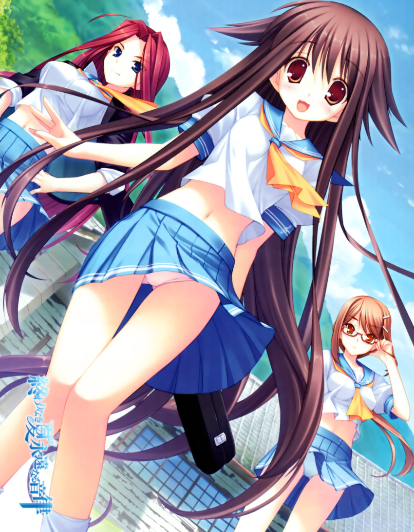 3girls, absurdres, amamiya_kanon, blue_eyes, blue_panties, brown_eyes, brown_hair, glasses