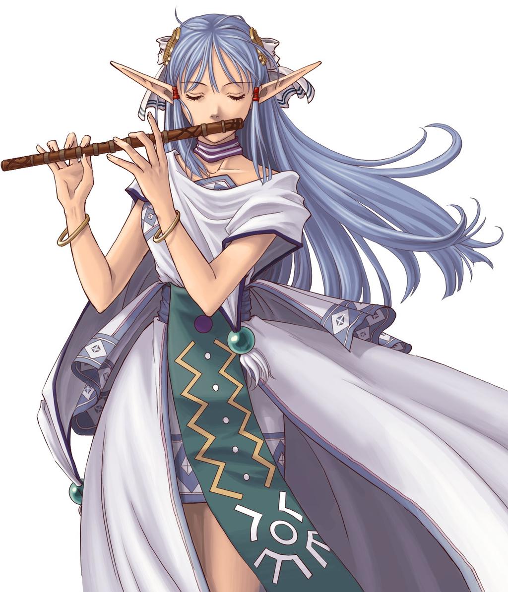 1girl, blue_hair, closed_eyes, elf, female_focus, flute, hair_ornament, hairpin
