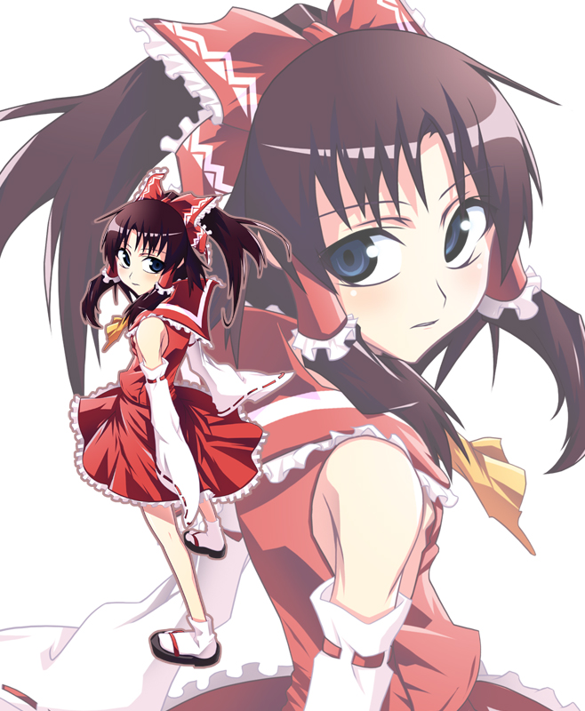 1girl, bare_shoulders, blue_eyes, detached_sleeves, female_focus, hakurei_reimu, japanese_clothes, kondou_mu