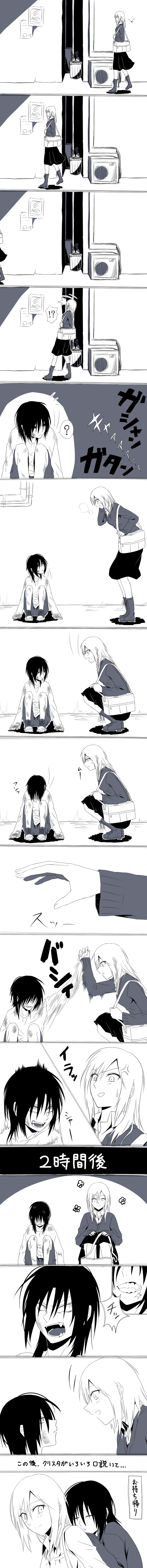 2girls, absurdres, krista_lenz, close-up, comic, greyscale, highres, jacket