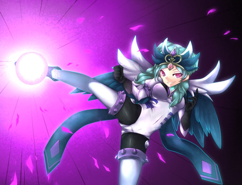 1girl, aqua_hair, ball, beta_(inazuma_eleven), boots, breasts, female_focus, fi-san, forbiddenimmortality, gloves, grin, inazuma_eleven_(series), inazuma_eleven_go, inazuma_eleven_go_chrono_stone, kicking, kokuu_no_megami_athena_(armed), long_hair, looking_at_viewer, smile, solo