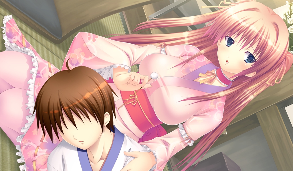 1boy, 1girl, actress_(company), blue_eyes, chiba_chinatsu, japanese_clothes, kimono, lap_pillow