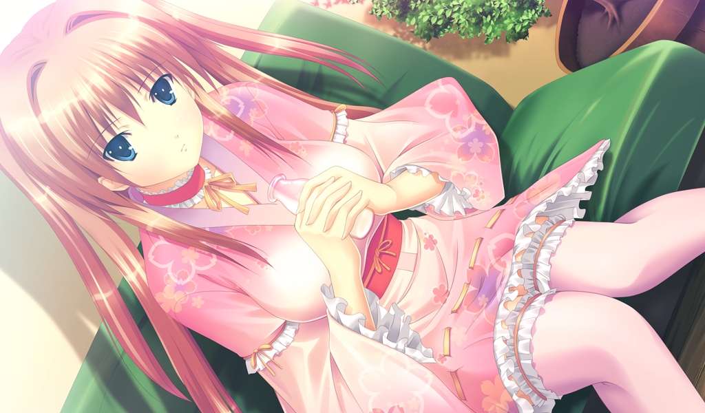 actress_(company), blue_eyes, chiba_chinatsu, choker, japanese_clothes, kimono, nagase_sena, ping_pong_pantsu!, pink_hair, thighhighs