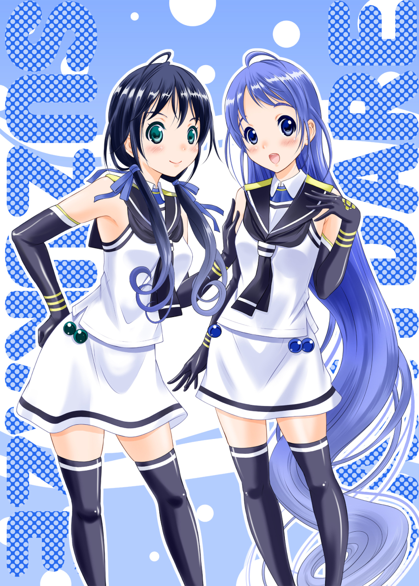 10s, 2girls, blue_eyes, blue_gloves, blue_hair, blue_thighhighs, blush, elbow_gloves
