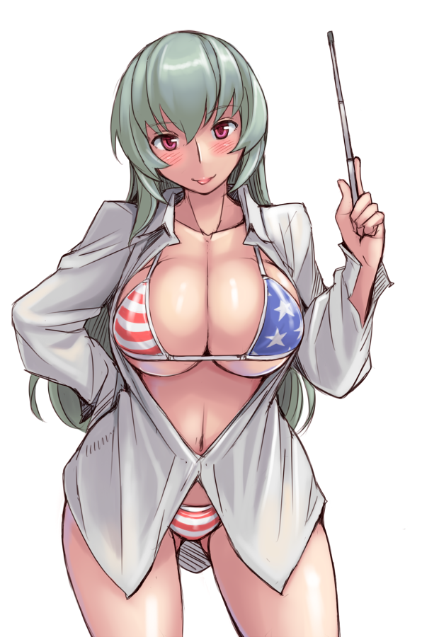 1girl, american_flag, american_flag_bikini, american_flag_print, bikini, blush, breasts, cleavage