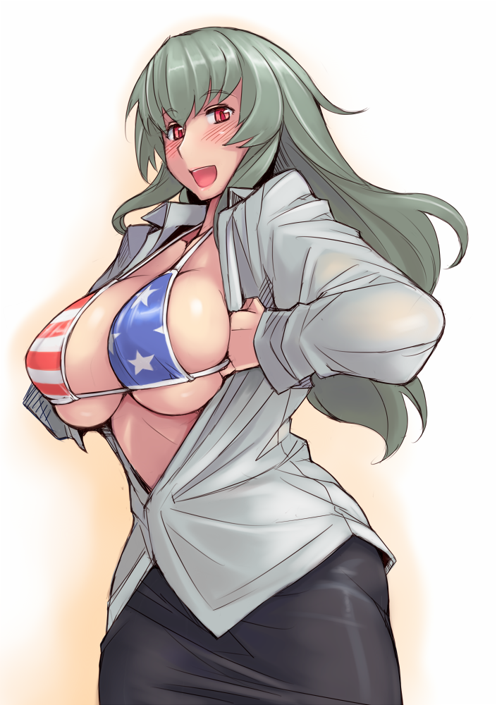 1girl, aged_up, american_flag, american_flag_bikini, american_flag_print, bikini, bikini_under_clothes, blush, breasts, cleavage, female_focus, flag_print, flag_print_bikini, gentosha, large_breasts, long_hair, looking_at_viewer, open_clothes, open_shirt, print_bikini, red_eyes, rozen_maiden, shirt, sideboob, silver_hair, smile, solo, suigintou, swimsuit, swimsuit_under_clothes, tsuda_nanafushi