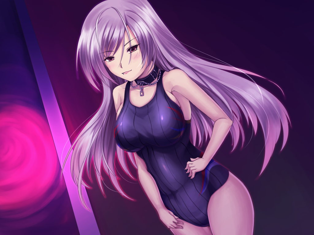 00s, 1girl, akashiya_moka, breasts, collar, competition_swimsuit, fang, inner_moka