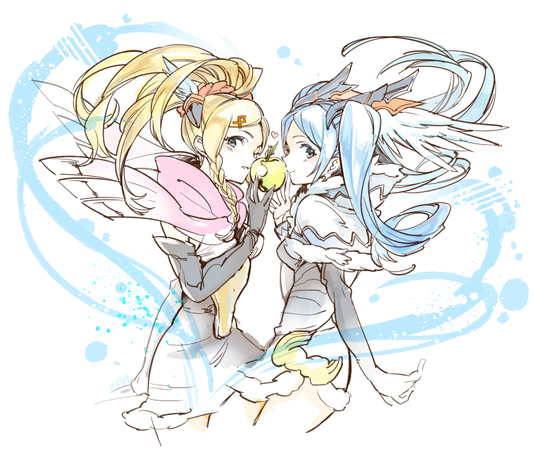 2girls, apple, bad_id, bad_pixiv_id, blonde_hair, blue_eyes, blue_hair, braid