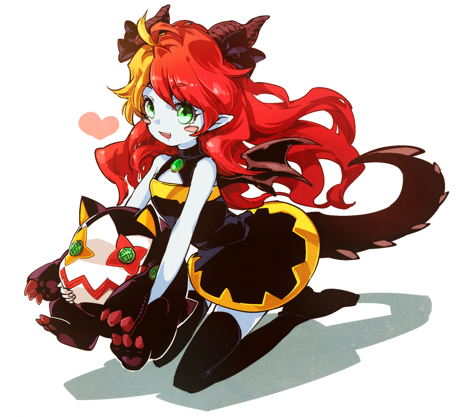 1girl, aged_down, bad_id, bad_pixiv_id, bare_shoulders, black_dress, black_thighhighs, child, dress, green_eyes, hera_(p&amp;d), horns, open_mouth, pale_skin, pierdra_(p&amp;d), pointy_ears, puzzle_&amp;_dragons, red_hair, smile, tail, thighhighs, wings, xenpo