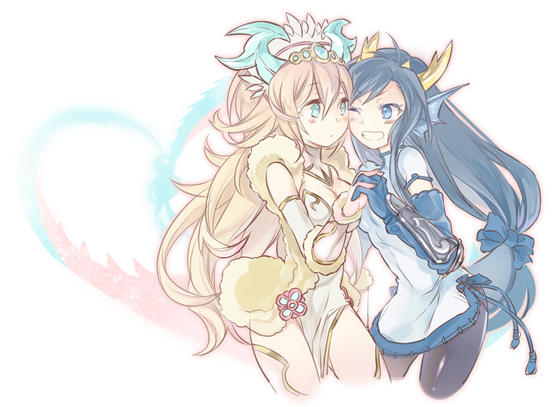 2girls, aqua_eyes, bad_id, bad_pixiv_id, blonde_hair, blue_eyes, blue_hair, breasts, china_dress, chinese_clothes, cleavage, dress, grin, headdress, interlocked_fingers, karin_(p&amp;d), long_hair, medium_breasts, multiple_girls, one_eye_closed, pantyhose, puzzle_&amp;_dragons, sakuya_(p&amp;d), smile, wink, xenpo