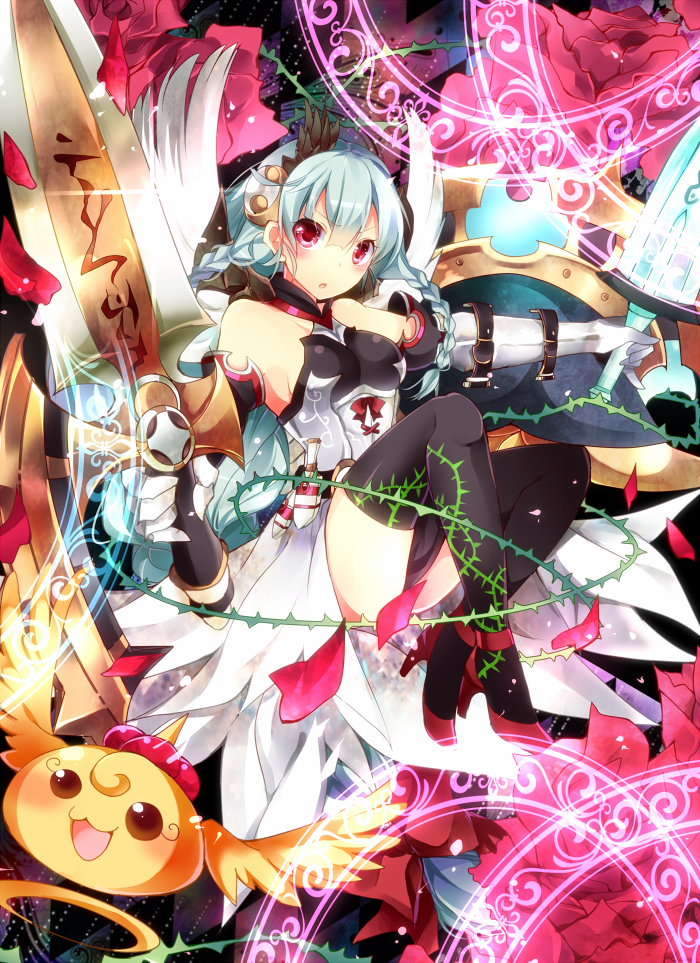 1girl, bad_id, bad_pixiv_id, bare_shoulders, black_thighhighs, braid, dual_wielding, hair_ornament