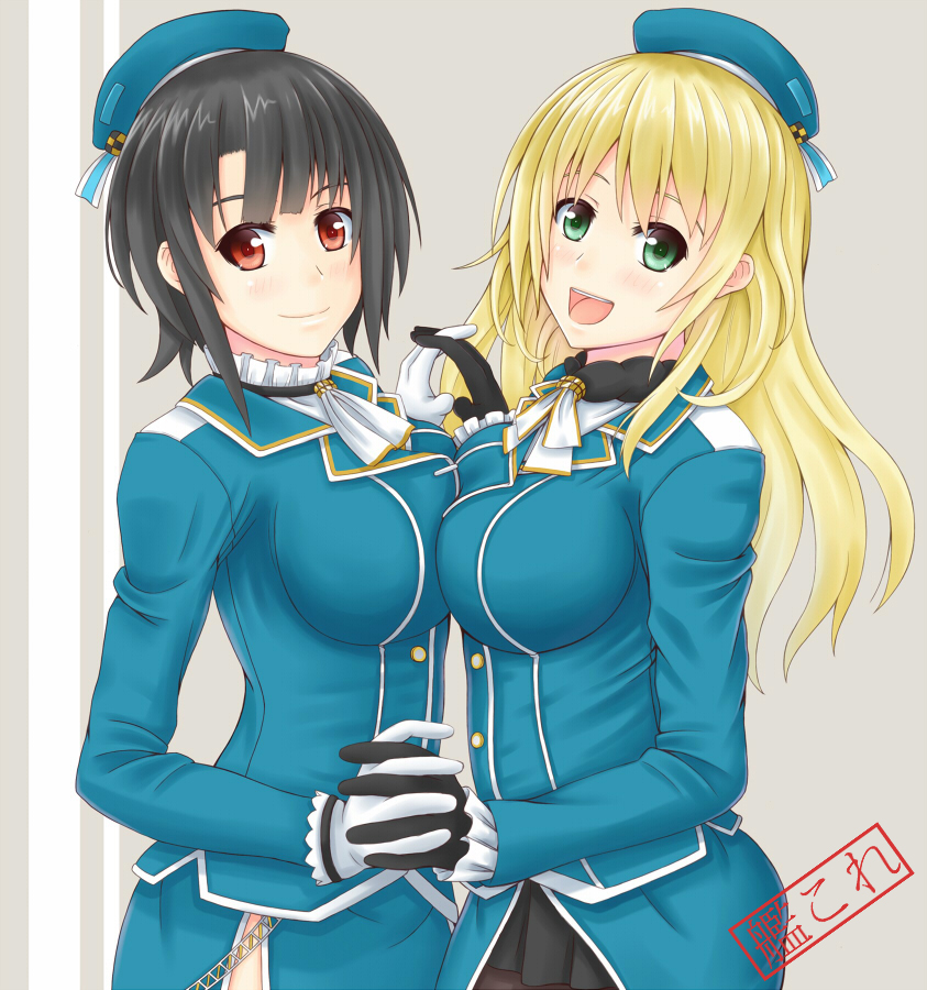 10s, 2girls, atago_(kancolle), black_hair, blonde_hair, breast_press, breasts, green_eyes