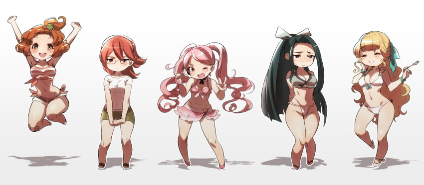 5girls, ;), ^_^, bandaid, bandaid_on_knee, bandaid_on_leg, bikini, black_hair, blonde_hair, blush, bokujou_monogatari, bokujou_monogatari:_hajimari_no_daichi, breasts, breasts_squeezed_together, brown_hair, chibi, cleavage, closed_eyes, cutoffs, denim, denim_shorts, embarrassed, fealena_(bokujou_monogatari), fork, freckles, fringe_trim, glasses, hair_ornament, hair_ribbon, hairclip, harvest_moon, iroha_(bokujou_monogatari), jumping, michelle_(bokujou_monogatari), multiple_girls, naso4, one_eye_closed, pencil_skirt, pink_hair, ponytail, red_hair, ribbon, semi-rimless_eyewear, shirt, shorts, skirt, small_breasts, smile, sweatdrop, swimsuit, t-shirt, tied_shirt, tina_(bokujou_monogatari), topknot, twintails, under-rim_eyewear, v_arms, wink, yuuri_(bokujou_monogatari_hnd)