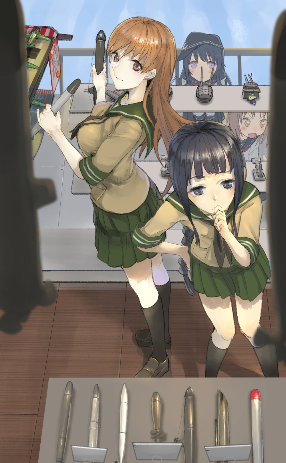 10s, 20.3cm_twin_gun_mount, 4girls, aircraft, airplane, akatsuki_(kancolle), black_eyes, black_hair