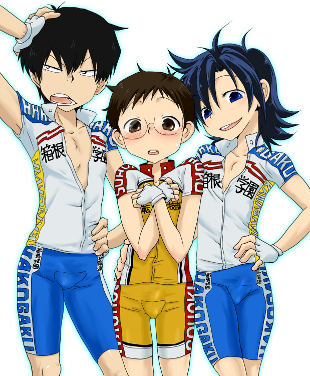 3boys, arakita_yasutomo, ashita_(liquid_berry_revolution), bike_jersey, bike_shorts, black_hair, blue_eyes, blue_hair