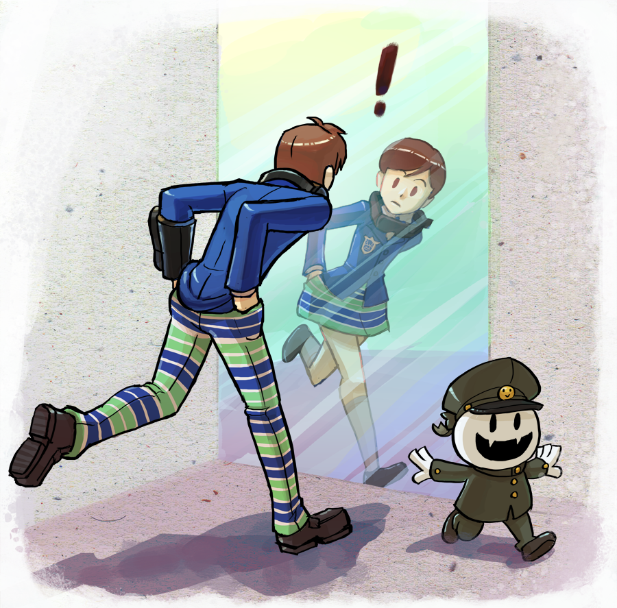 !, 1boy, 1girl, atlus, blazer, brown_eyes, brown_hair, different_reflection