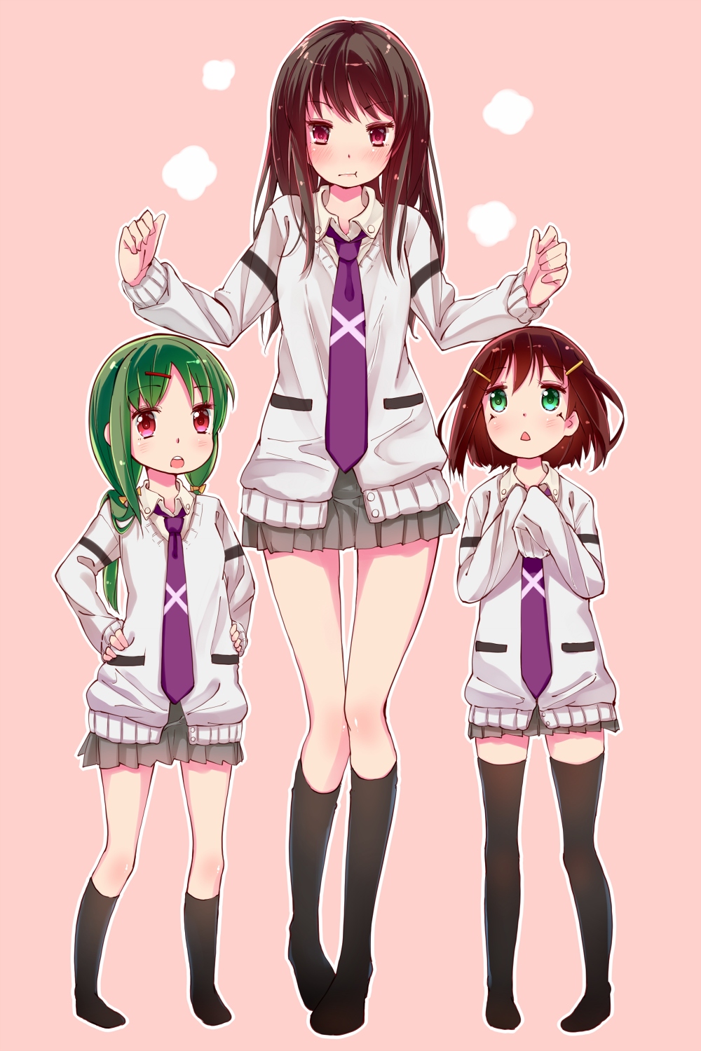 10s, 3girls, aged_down, blush, brown_hair, green_eyes, green_hair, hair_ornament