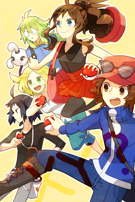 2girls, 3boys, ahoge, bag, bianca_(pokemon), black_hair, black_legwear, blonde_hair