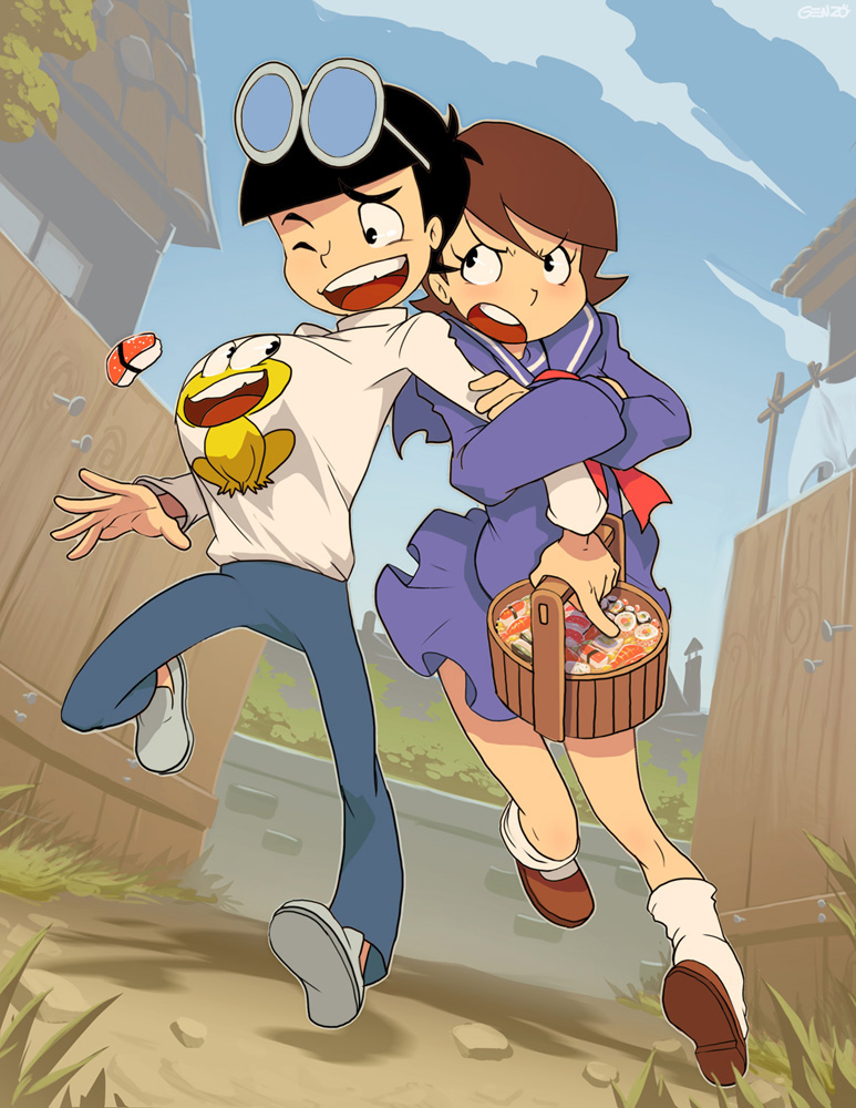 1boy, 1girl, arm_hug, basket, black_hair, brown_hair, couple, dokonjou_gaeru