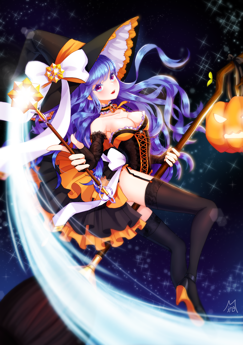 1girl, blue_hair, breasts, cleavage, female_focus, garter_straps, halloween, hat