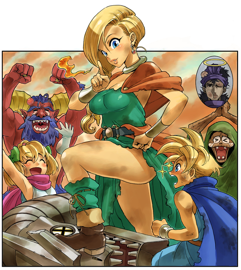 >_<, 2girls, 4boys, age_difference, beard, beaten, belt, bianca_(dq5), black_hair, blonde_hair, blue_eyes, blue_hair, boots, braid, breasts, brother_and_sister, bruise, cape, cheering, child, cleavage, closed_eyes, defeat, dirty, dragon_quest, dragon_quest_v, earrings, facial_hair, hair_over_shoulder, halo, hero's_daughter_(dq5), hero's_son_(dq5), hero_(dq5), hood, horns, injury, jewelry, legs, long_hair, magic, mimonel, monster, monster_request, mother_and_child, mother_and_daughter, mother_and_son, multiple_boys, multiple_girls, parent_and_child, siblings, side_braid, smile, sparkle, square_enix, stepped_on, sweat, tears, teeth, turban