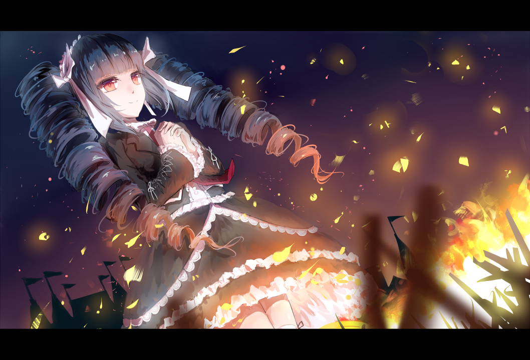 10s, 152971, 1girl, black_hair, blurry, castle, celestia_ludenberg, danganronpa:_trigger_happy_havoc, danganronpa_(series), depth_of_field, dress, embers, female_focus, fire, frills, gothic_lolita, katee, letterboxed, lolita_fashion, long_hair, necktie, own_hands_clasped, own_hands_together, red_eyes, smile, solo